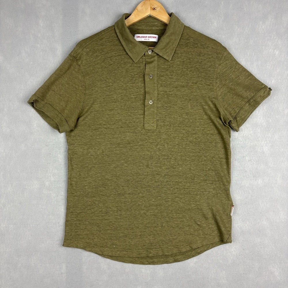 Orlebar Brown Sebastian Linen Polo Shirt Men’s XL Olive Green Vacation Beach